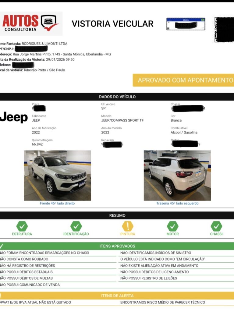 Vistoria Cautelar ou Pré-Compra realizada em carro usado ou seminovo em Ribeirão Preto/SP